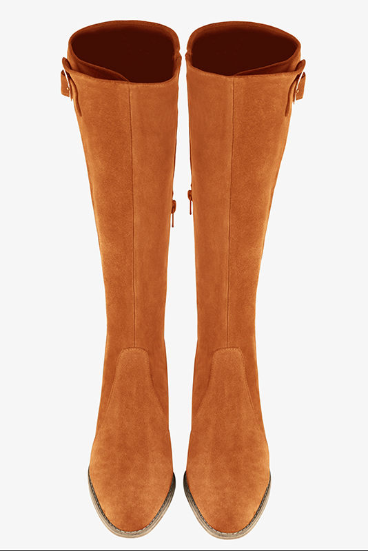 Apricot orange women's knee-high boots with buckles. Round toe. Low leather soles. Made to measure. Top view - Florence KOOIJMAN